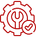 Production Finishing Touches Icon Red gear icon with wrench and check mark representing production finishing touches